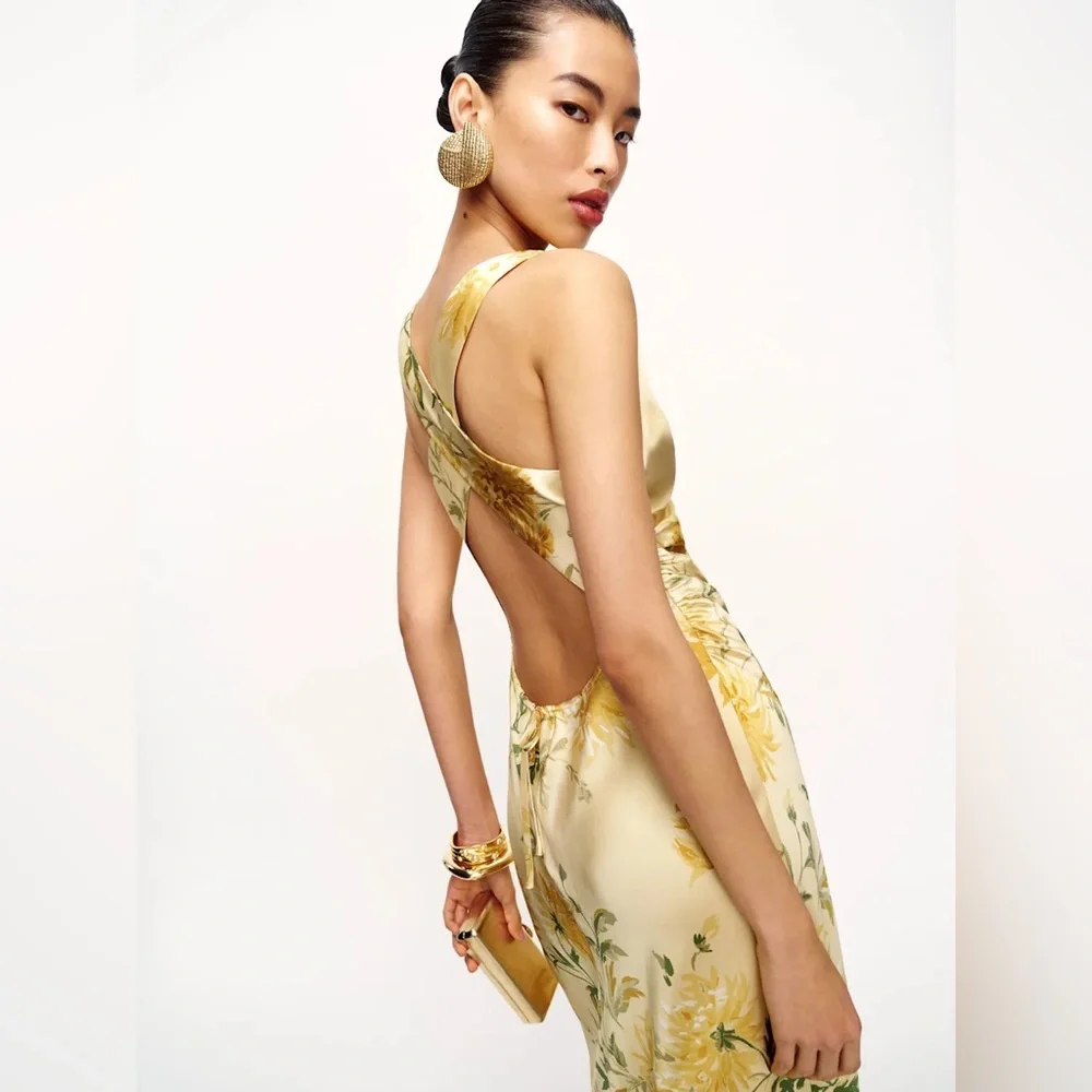 NEW Reformation Anaiis Long Backless Silk Dress Honeyglow Yellow Floral | US 2 - Picture 7 of 15